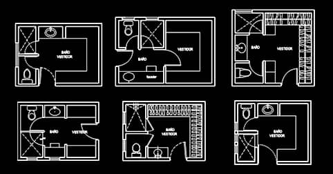 Planos diseños de cuartos de baño con closet en AutoCAD dwg CAD blocks