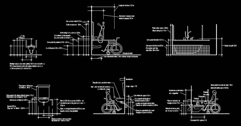 bloques baños para discapacitados en AutoCAD en alzado CAD blocks dwg