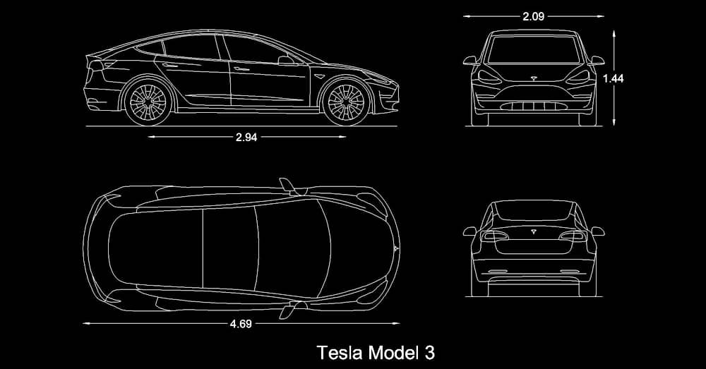 Bloque de auto ​Tesla Model 3 en​ AutoCAD dwg​ CAD blocks