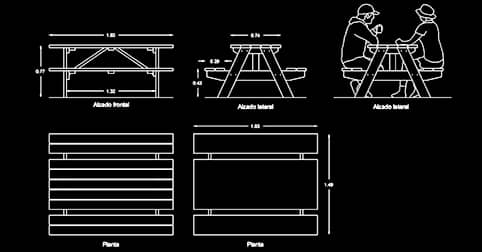 Bloque AutoCAD mesa picnic planta y alzado dwg CAD blocks​
