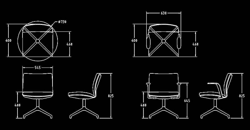 Bloques AutoCAD de sillas de oficina en planta, alzado frontal y lateral