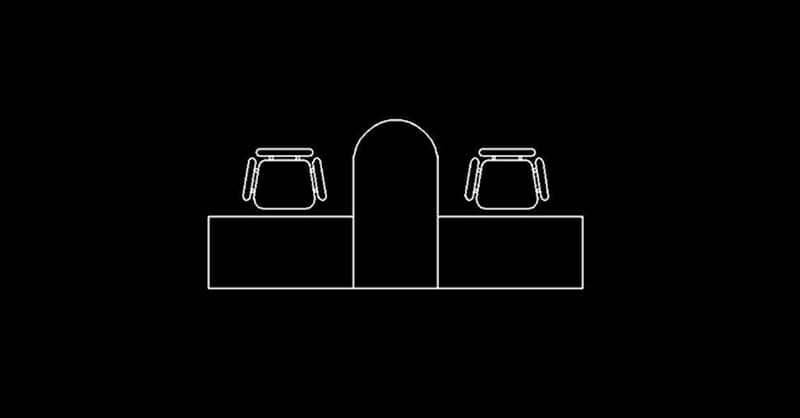 bloque de autocad de escritorios dobles en t con sillas en planta para programa software de diseño CAD
