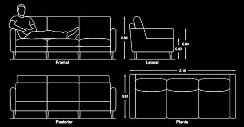 ​​Bloques AutoCAD gratis de sofás de 3 cuerpos en planta y alzado 2d.
