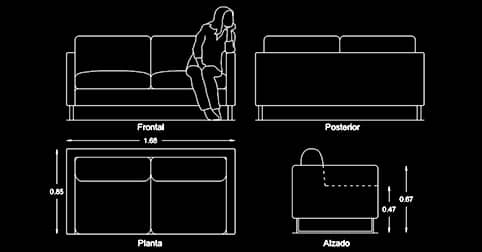 ​Bloques AutoCAD gratis de sofás de 2 cuerpos en planta y alzado 2d.