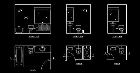 Diseño de plano de cuarto de baño en AutoCAD dwg en planta y alzado