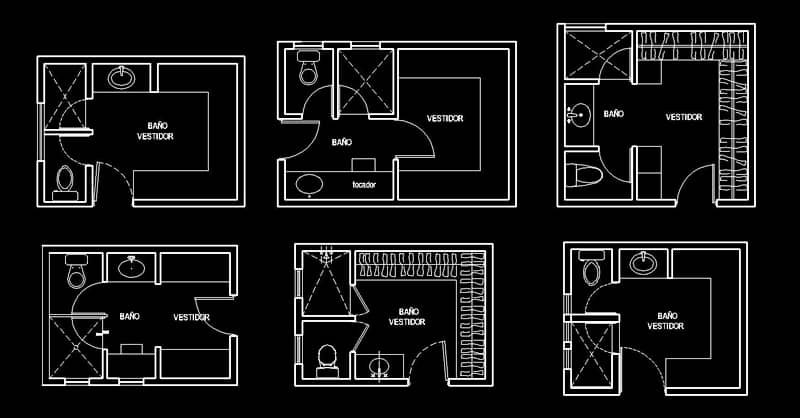 Planos diseños de cuartos de baño con closet en AutoCAD dwg CAD blocks