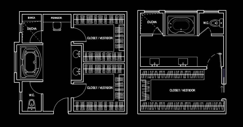 Planos diseños de baño con jacuzzi, closet en AutoCAD dwg CAD blocks