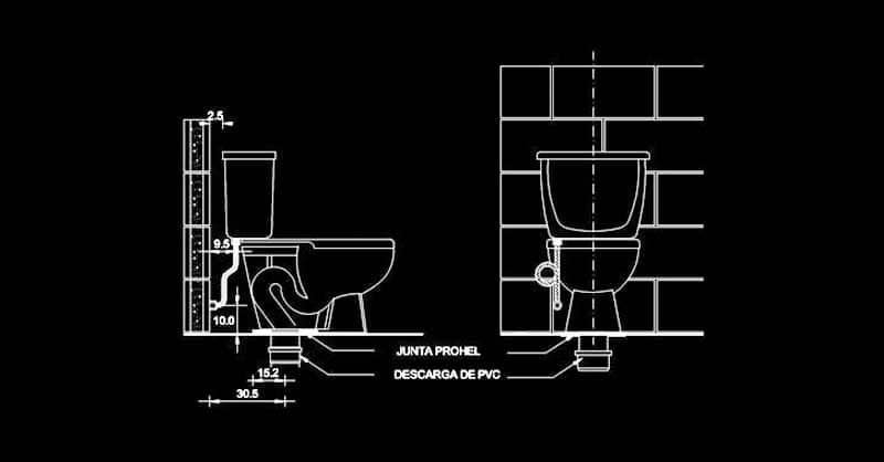 Detalle Instalación de Inodoro, Sanitario WC en AutoCAD dwg para programa software de Autodesk diseño CAD.