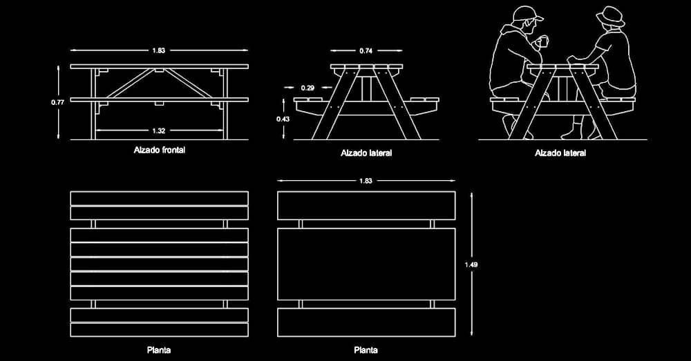 Bloque AutoCAD mesa picnic planta y alzado dwg​ para programa software de Autodesk diseño CAD.