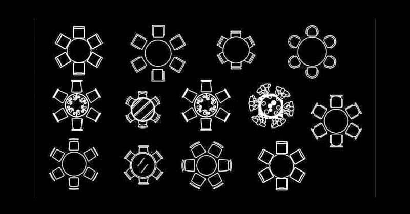 Bloques AutoCAD de Comedores circulares para 6 personas Con Mesas y Sillas en Planta para programa software de Autodesk diseño CAD.