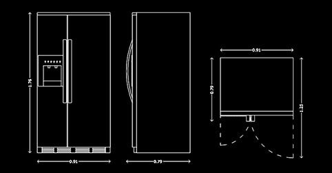 bloque de autocad de refrigerador, nevera en planta y alzado frontal y lateral programa software de diseño CAD
