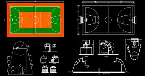 Bloques de Cancha de Baloncesto en AutoCAD dwg​ para programa software de diseño CAD