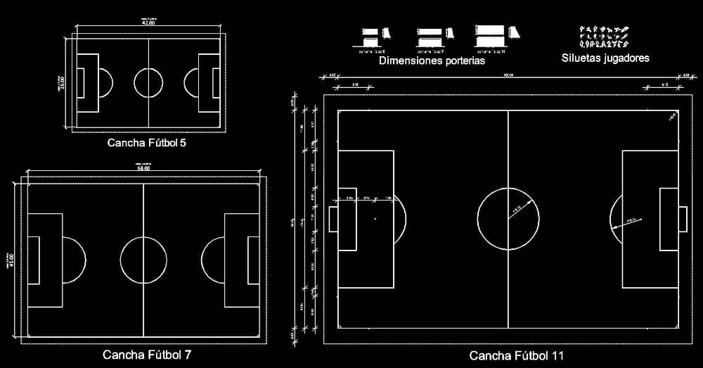 Bloques de canchas de fútbol 5, 7 y 11 en AutoCAD dwg​ CAD Blocks