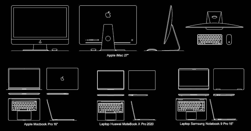 Bloques AutoCAD computadoras, laptops dwg, Apple, Samsung, Huawei​