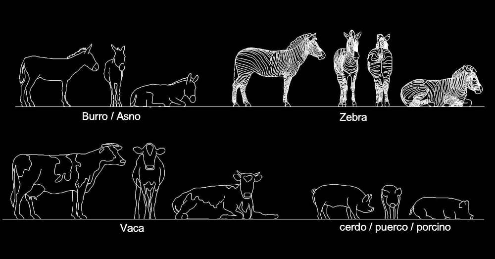 Bloques AutoCAD, vaca, zebra, burro, cerdo en alzado dwg CAD blocks​​
