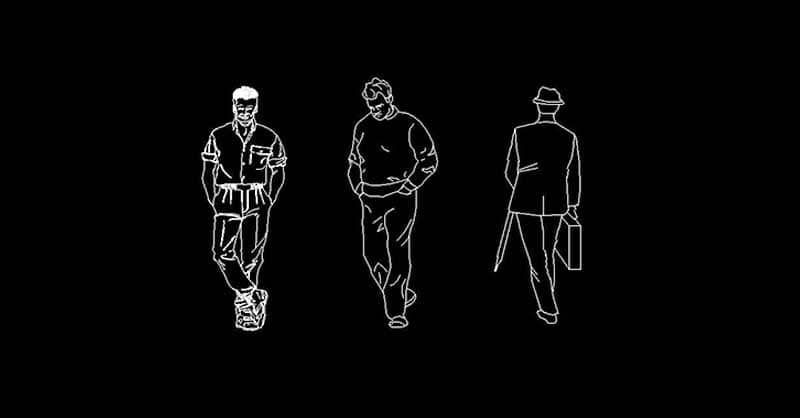 3 Hombres personas siluetas en AutoCAD dwg caminando​ CAD blocks
