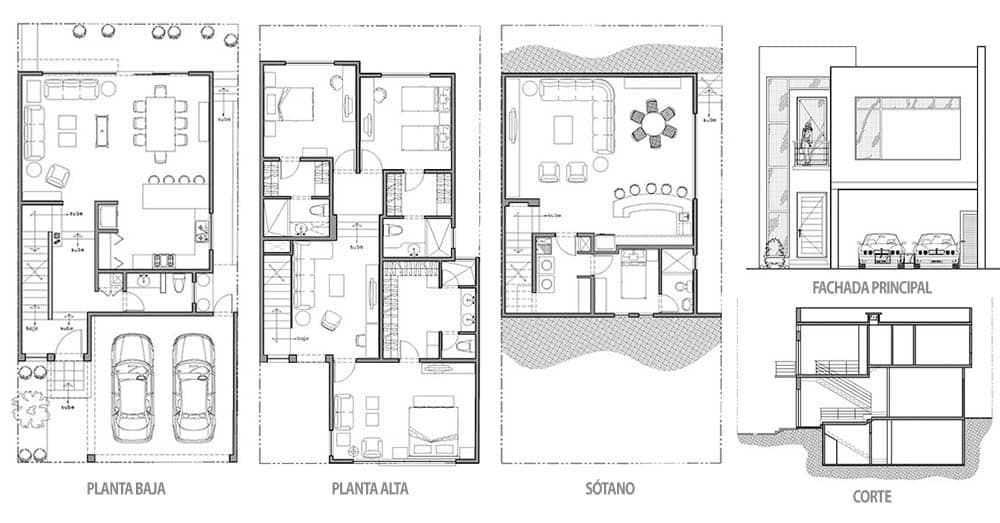 Planos arquitectónicos de casa unifamiliar en AutoCAD