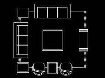 Sala en AutoCAD 2d en planta con sofás de 3 plazas y sillones