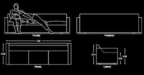 Bloques AutoCAD sofá de 3 plazas en planta y alzado para muebles de sala