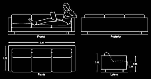 sofá en autocad 2d 3 plazas planta y alzados para programa software de diseño CAD