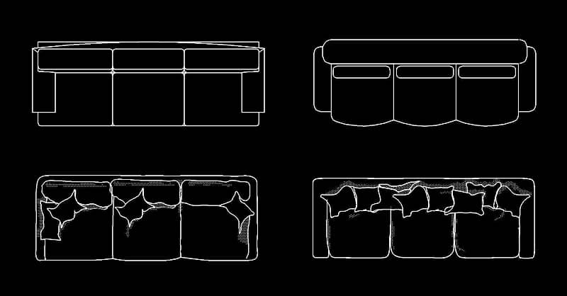Bloque AutoCAD de sofás dwg de 3 plazas CAD blocks