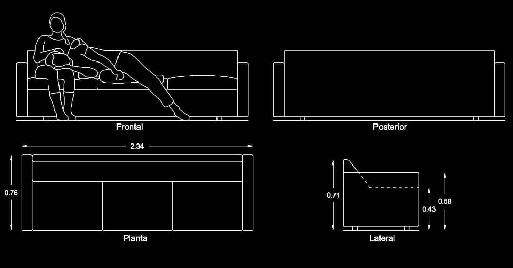 Sillón dwg de 3 plazas para AutoCAD 2d​ para programa software de Autodesk diseño CAD.