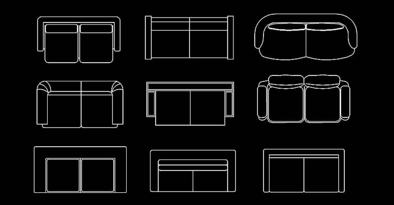 Bloques AutoCAD de sofás de 2 plazas en planta dwg CAD blocks