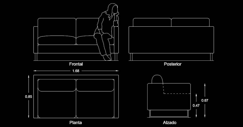 Bloque de sofá en AutoCAD para dos personas dwg​ love seat  para programa software de Autodesk diseño CAD.