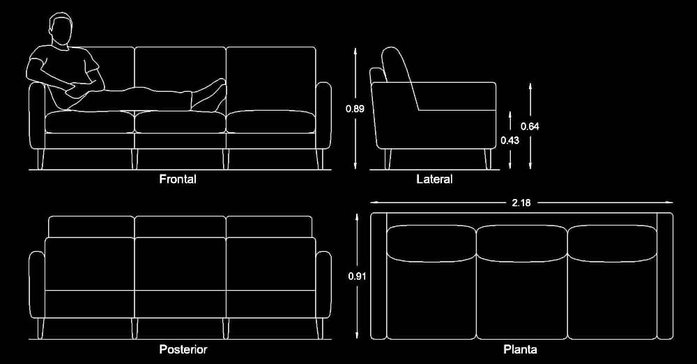 Bloque de sofá de 3 cuerpos en AutoCAD dwg​ planta y alzado para programa software de Autodesk diseño CAD.