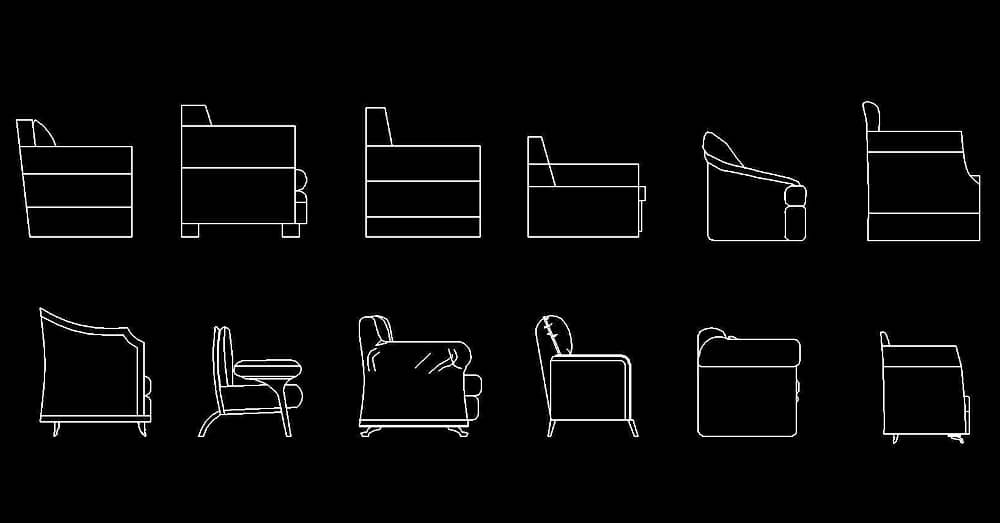 bloques autocad sillones, sofas en alzado lateral para programa software de Autodesk diseño CAD.