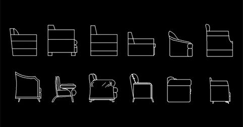 Bloques AutoCAD de sofás en alzado lateral, CAD blocks para salas de estar
