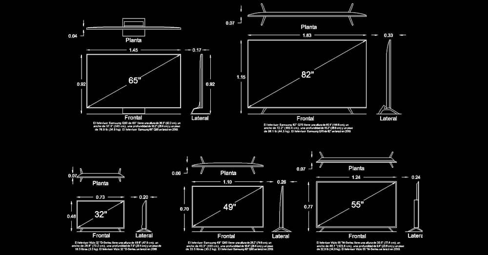 Bloques AutoCAD Televisión en planta y alzado​ medidas dimensiones  para programa software de Autodesk diseño CAD.
