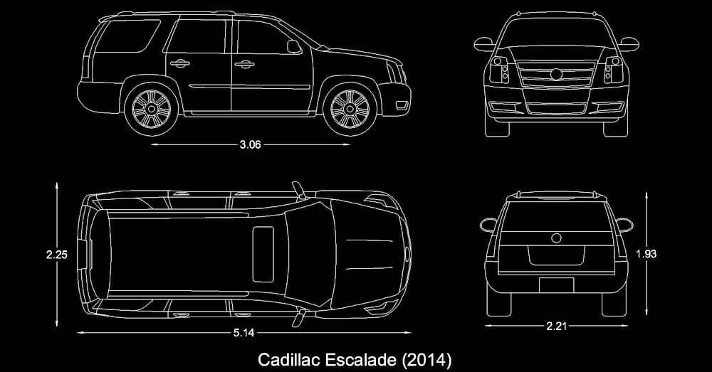 Bloques AutoCAD camioneta SUV ​Cadillac Escalade dwg dimensiones medidas