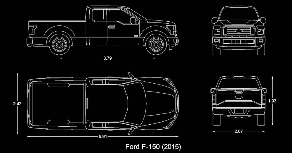 Bloques AutoCAD de camioneta pickup Ford F-150 2015 dimensiones medidas