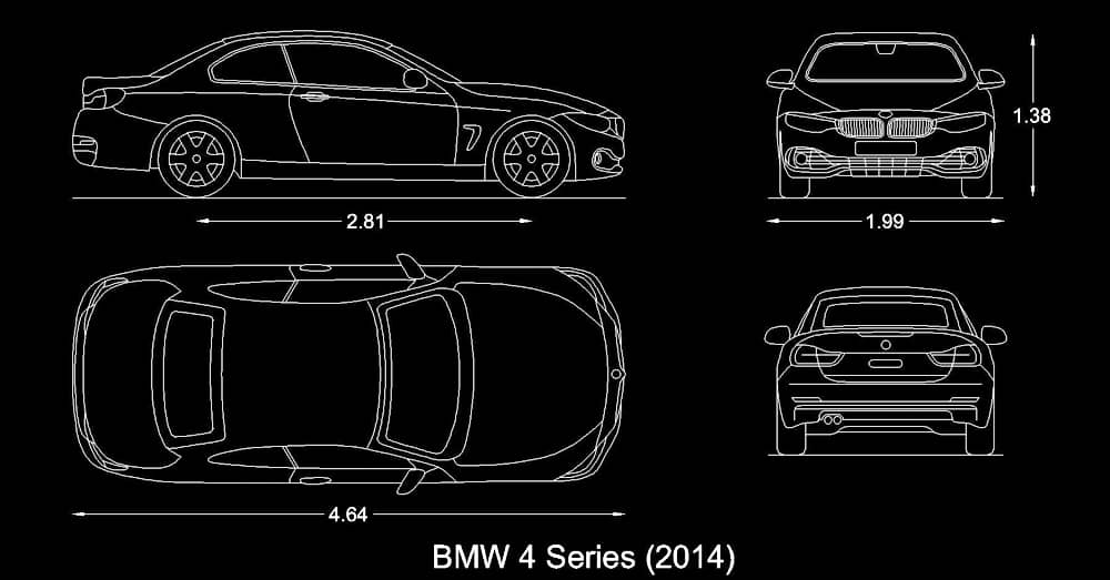 Automóvil, Carro, Coche BMW en AutoCAD dwg 2d​ planta y alzado dimensiones medidas
