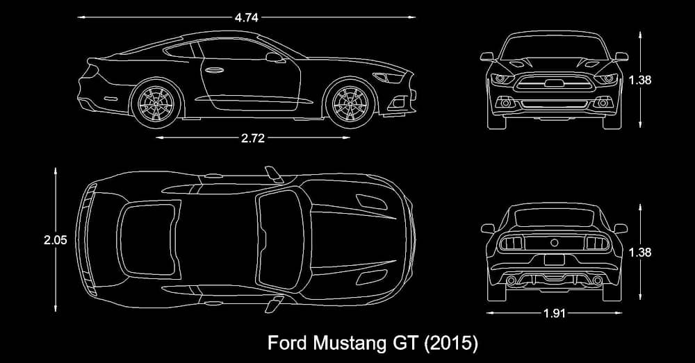 Bloques AutoCAD Auto / Carro Ford Mustang GT dwg​ con medidas dimensiones