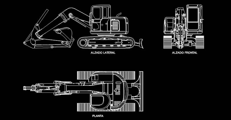 Bloques de excavadora en AutoCAD​ CAD block dwg 2d en planta y alzado