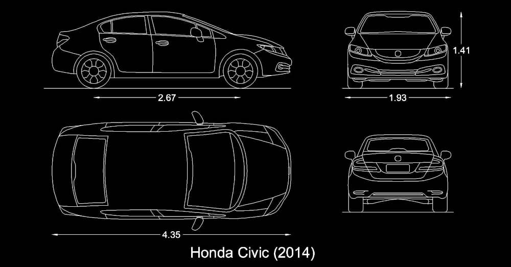Bloque de Automóvil / Carro en AutoCAD dwg marca Honda Civic dimensiones medidas