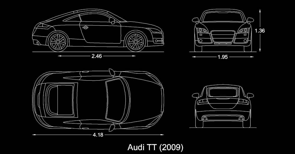 Bloque de Carro Auto Audi TT en AutoCAD dwg con dimensiones medidas