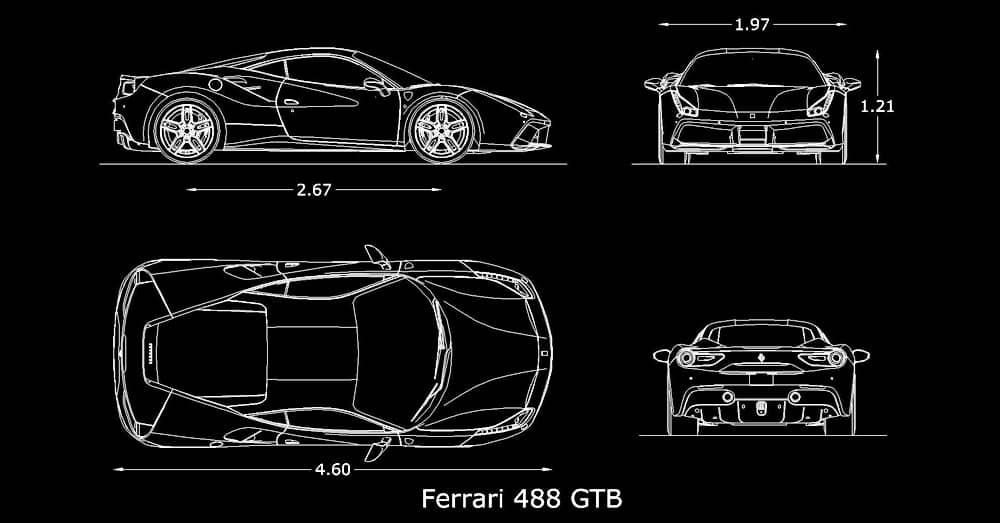 Bloque dwg de Auto carro en AutoCAD Ferrari 488 GTB dimensiones medidas