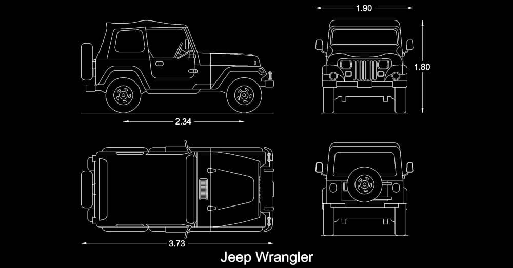 Bloque de automóvil Jeep Wrangler en AutoCAD dwg CAD blocks 2d