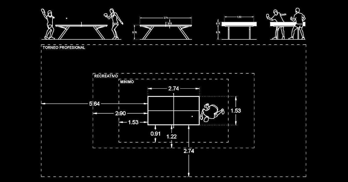 Bloques Mesa de Ping Pong en AutoCAD dwg​ con medidas